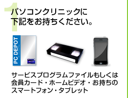 1.パソコンクリニックに、サービスプログラムファイルもしくは会員カード・ホームビデオ・お持ちのスマートフォン・タブレットをお持ちください。