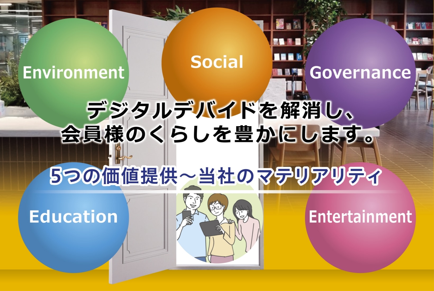 PCデポが提供する5つの価値；社会、環境、学び、エンターテイメント、ガバナンス