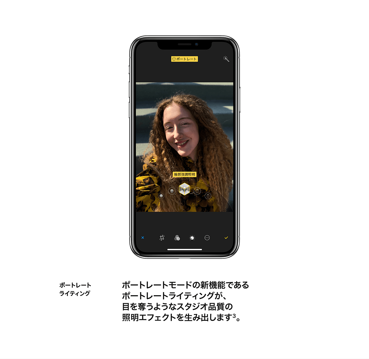 ポートレートライティング ポートレートモードの新機能であるポートレートライティングが、目を奪うようなスタジオ品質の照明エフェクトを生み出します。